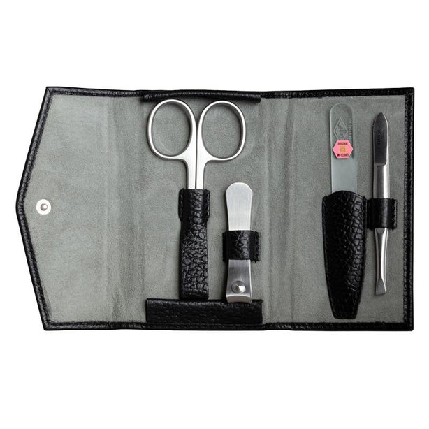Giesen & Forsthoff Timor® 4-piece Manicure Set with glass nail file, in Black Grained Cowhide Leather Pouch