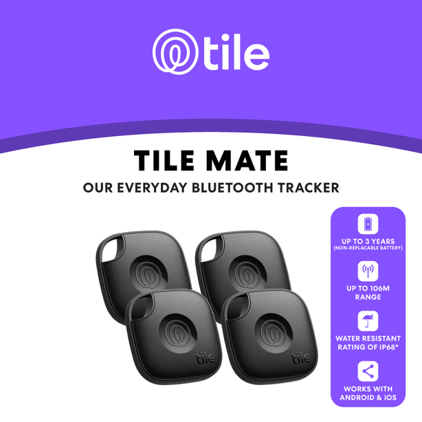TILE MATE (2024) BLUETOOTH TRACKER FOR KEYS - BLACK, 4 PACK