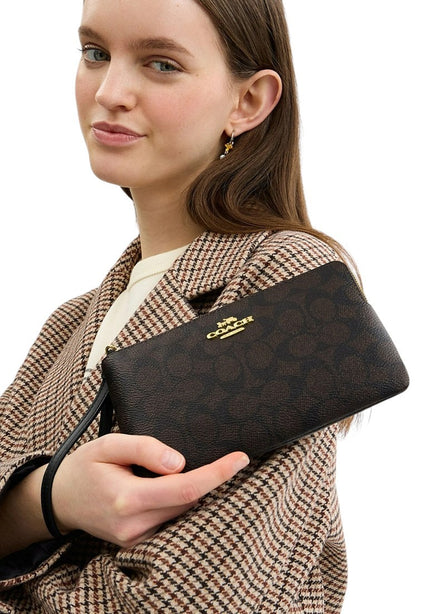 Coach Large Corner Zip Wristlet In Signature Canvas - Walnut/Black