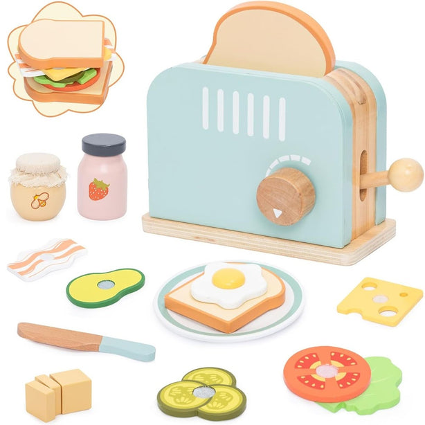 StitchesandTweed Wooden Toaster Toy Set Play Pretend Breakfast Set
