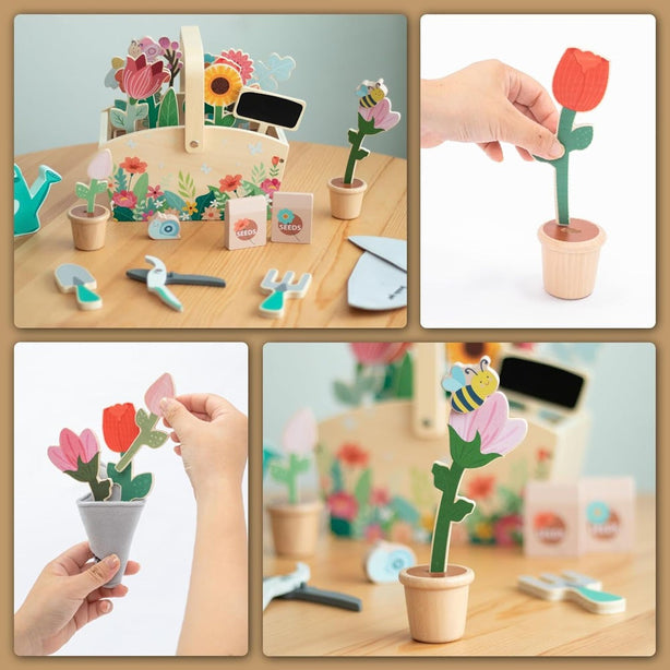 StitchesandTweed Wooden Little Garden Toy, Children Montessori Play Pretend Gardener Simulation Plants Toy for Kids Toddler