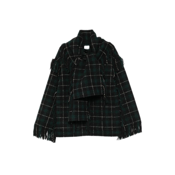 Green Check Pattern Fringed Trim Jacket