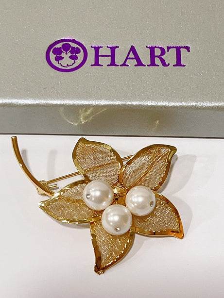 HART Five-Petals Three-Pearls Gold Silver Floral Pin Brooch Series