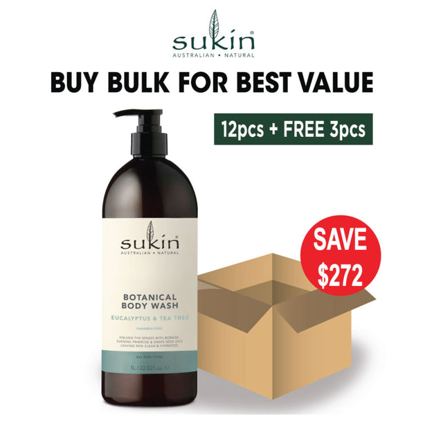 [Bulk Pack] Sukin Botanical Body Wash - Eucalyptus & Tea Tree 1L (12pcs + FREE 3pcs)