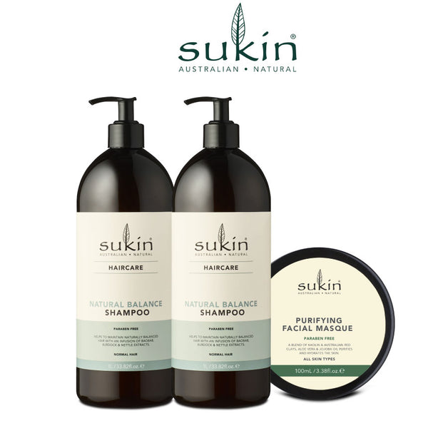 Sukin Natural Balance Shampoo (1L x 2) + Sukin Purifying Facial Masque (100ml)