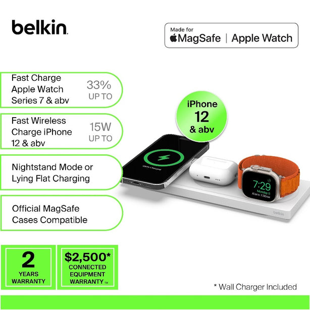 Belkin 3 In 1 Wireless Charging Pad With Magsafe White