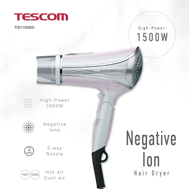 ELECOM Tescom 2 Way Nozzle Negative Ion Hair Dryer TID1100SG/High Power 1500W/2 Settings/Easy Care