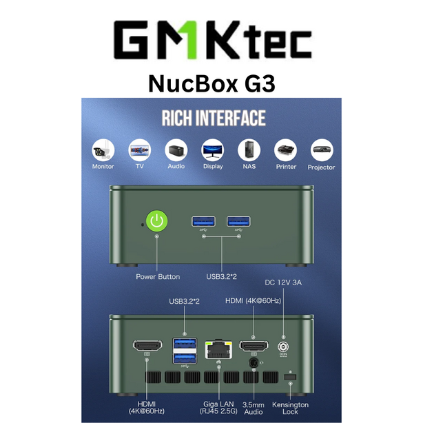 GMKtec G3 Intel-N100 Intel® UHD Graphics | 16GB DDR4 | 1TB M.2 PCIe Gen3x4 SSD | 12V/3A (36W) Adapter