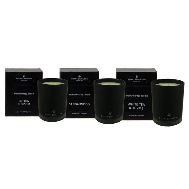 Royal Doulton Black 220g Soy Candle - Cotton Blossom / Sandalwood / White Tea & Thyme