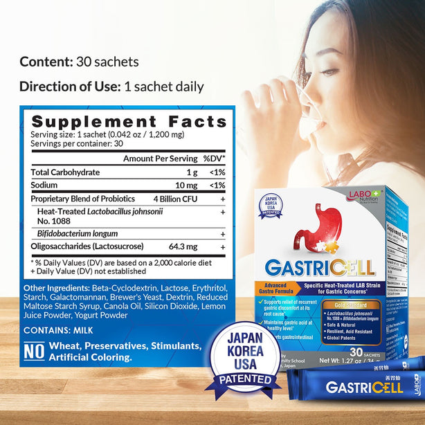 LABO Nutrition GastriCELL 30 Sachets, Eliminate Gastric Symptoms, H. Pylori