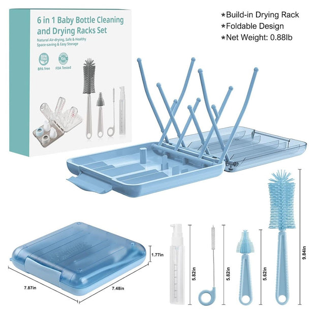 StitchesandTweed Baby Travel Essential - 6 in 1 Bottle Cleaner Kit with Silicone Bottle Brush, Soap Dispenser, Bottle Drying Rack for Home and Travel - Blue