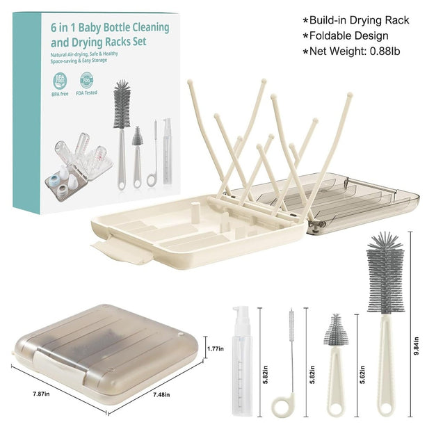 StitchesandTweed Baby Travel Essential - 6 in 1 Bottle Cleaner Kit with Silicone Bottle Brush, Soap Dispenser, Bottle Drying Rack for Home and Travel - Ecru