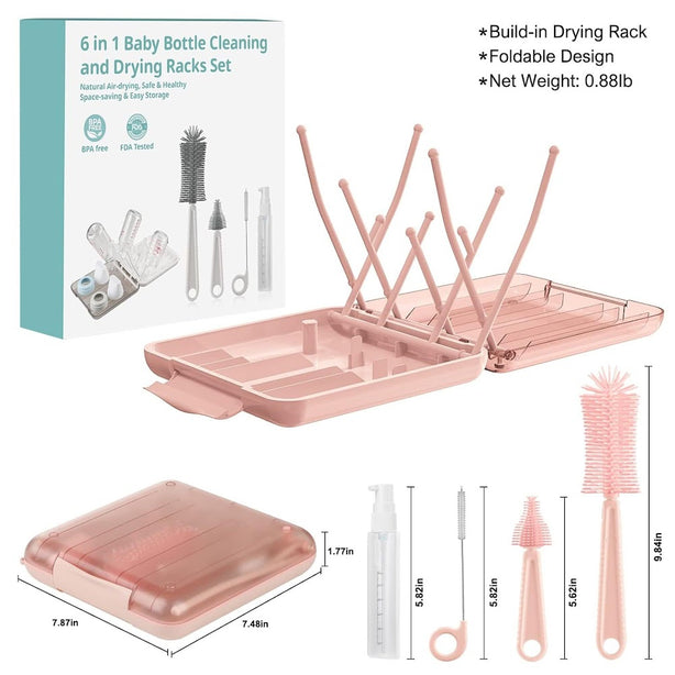 StitchesandTweed Baby Travel Essential - 6 in 1 Bottle Cleaner Kit with Silicone Bottle Brush, Soap Dispenser, Bottle Drying Rack for Home and Travel - Pink