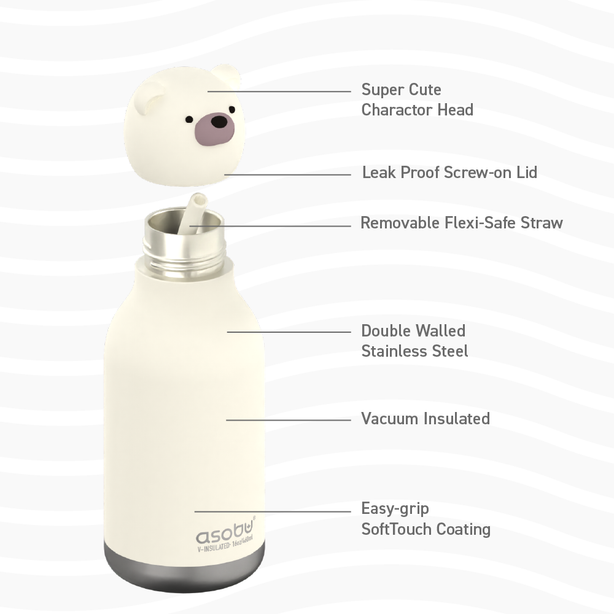 ASBV05460 ASOBU Bestie Kids Thermal Water Bottle - Bear | Cute Insulated Leak-Proof Stainless Steel