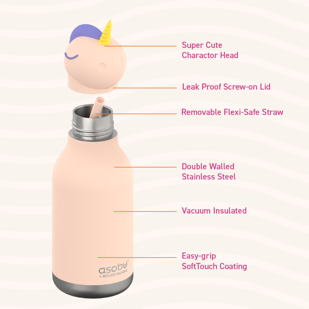 ASBV05454 ASOBU Bestie Kids Thermal Water Bottle - Unicorn | Cute Insulated Leak-Proof Stainless Steel