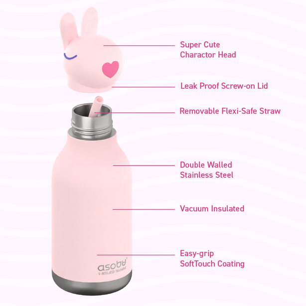 ASBV05459 ASOBU Bestie Kids Thermal Water Bottle - Bunny | Cute Insulated Leak-Proof Stainless Steel