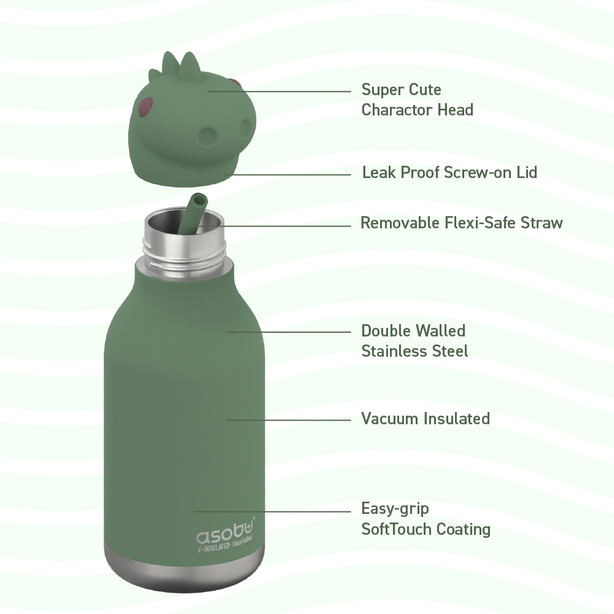 ASBV05490 ASOBU Bestie Kids Thermal Water Bottle - Dinosaur | Cute Insulated Leak-Proof Stainless Steel