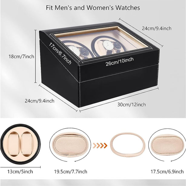 StitchesandTweed Automatic Watch Winder, 4+6 Watches Storage Display Box - Black