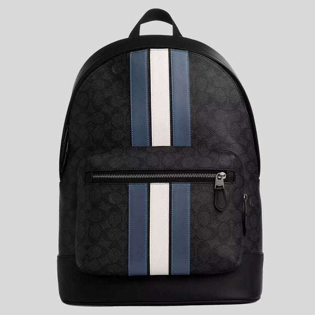 COACH West Backpack In Signature Canvas With Varsity Stripe Charcoal/Denim/Chalk RB-CV922