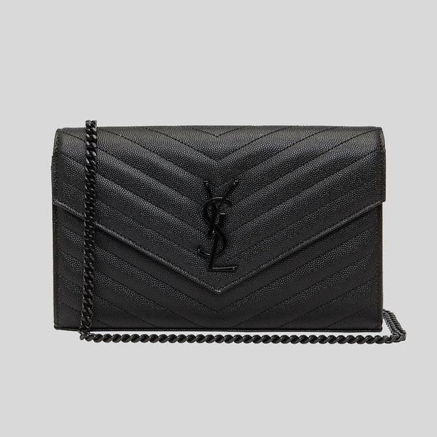 SAINT LAURENT YSL Matelasse Chain Wallet In Grain De Poudre Embossed Leather Black/Black RB-377828BOW08
