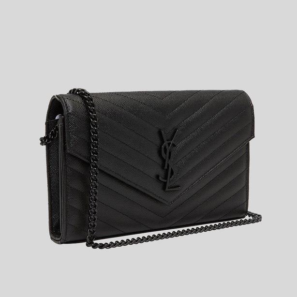 SAINT LAURENT YSL Matelasse Chain Wallet In Grain De Poudre Embossed Leather Black/Black RB-377828BOW08