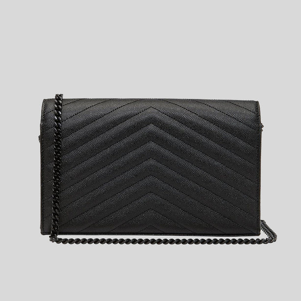 SAINT LAURENT YSL Matelasse Chain Wallet In Grain De Poudre Embossed Leather Black/Black RB-377828BOW08