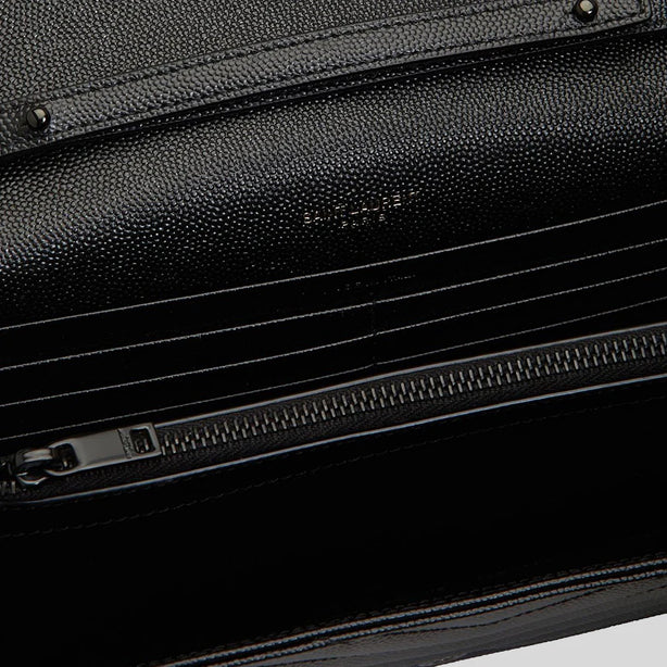 SAINT LAURENT YSL Matelasse Chain Wallet In Grain De Poudre Embossed Leather Black/Black RB-377828BOW08