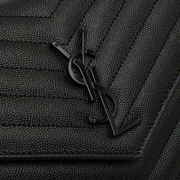 SAINT LAURENT YSL Matelasse Chain Wallet In Grain De Poudre Embossed Leather Black/Black RB-377828BOW08