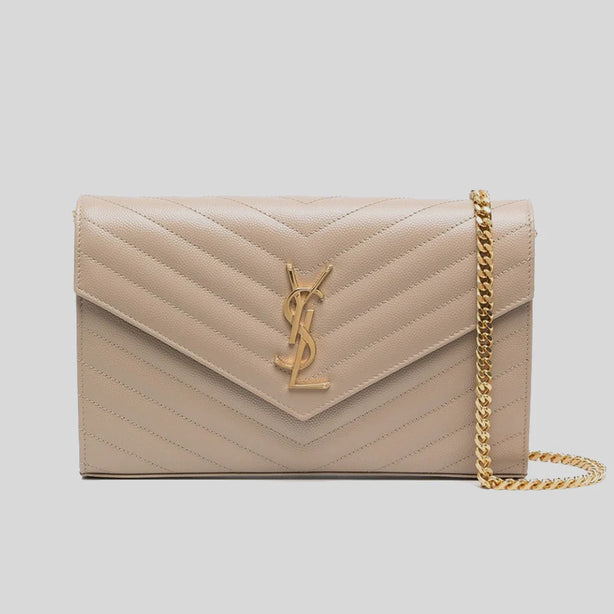 SAINT LAURENT YSL Matelasse Chain Wallet In Grain De Poudre Embossed Leather Dark Beige RB-377828BOW01