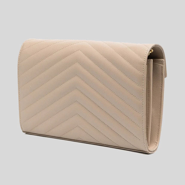 SAINT LAURENT YSL Matelasse Chain Wallet In Grain De Poudre Embossed Leather Dark Beige RB-377828BOW01