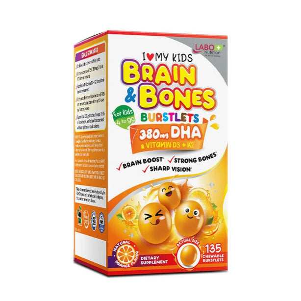 LABO Nutrition Kids DHA Brain & Bone Burstlets - Omega 3 DHA Fish Oil + Vitamin D3 for Smarter Learning Focus Brain Thinking Behaviour Immunity Eye Vision & Strong Bones Supplement