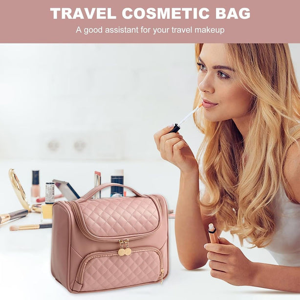 StitchesandTweed Travel Toiletry Bag, Large Capacity Vegan Leather Travel Toiletry Bag, Toiletry Storage Bag with Carrying Handle - Misty Rose