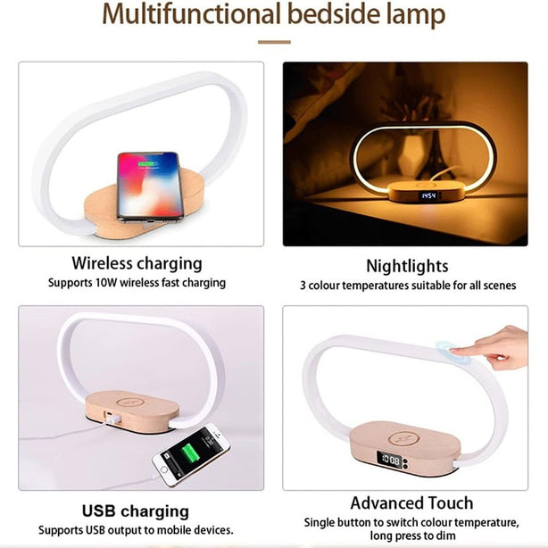 StitchesandTweed Bedside Lamp with Clock, USB Wireless Charger, Touch Table Lamps for Nightstand