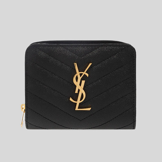 SAINT LAURENT YSL Cassandre Matelasse Compact Zip Around Wallet In Grain De Poudre Embossed Leather Black RB-668288BOW01