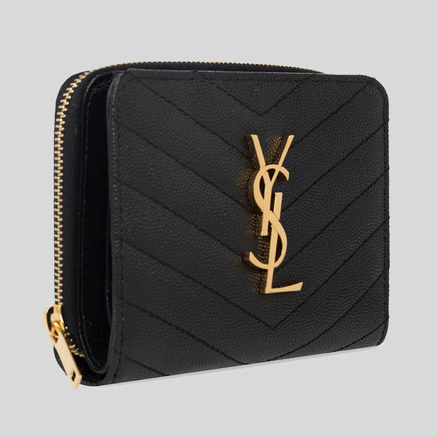 SAINT LAURENT YSL Cassandre Matelasse Compact Zip Around Wallet In Grain De Poudre Embossed Leather Black RB-668288BOW01