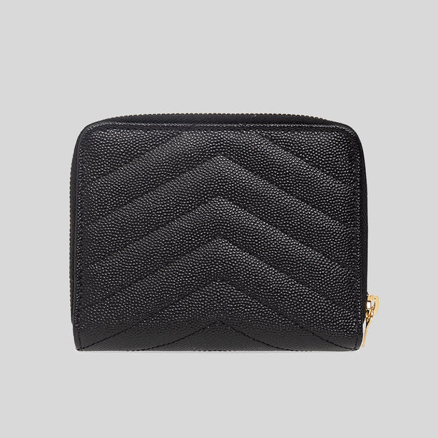 SAINT LAURENT YSL Cassandre Matelasse Compact Zip Around Wallet In Grain De Poudre Embossed Leather Black RB-668288BOW01