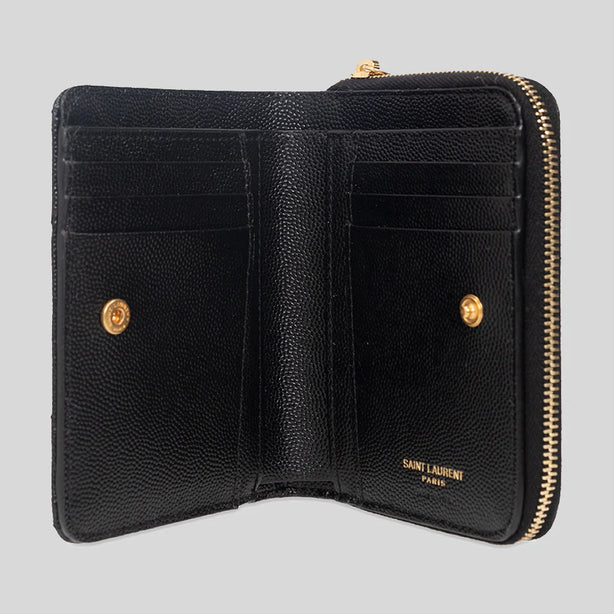 SAINT LAURENT YSL Cassandre Matelasse Compact Zip Around Wallet In Grain De Poudre Embossed Leather Black RB-668288BOW01