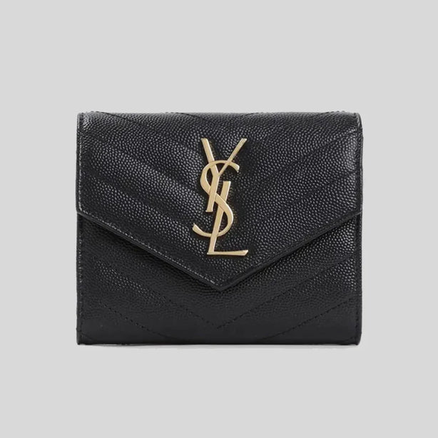 SAINT LAURENT YSL Cassandre Matelasse Compact Trifold Wallet In Grain De Poudre Embossed Leather Black RB-403943BOW01