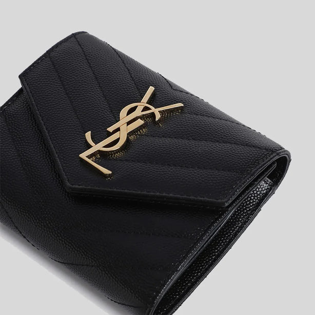 SAINT LAURENT YSL Cassandre Matelasse Compact Trifold Wallet In Grain De Poudre Embossed Leather Black RB-403943BOW01