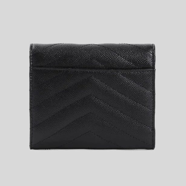 SAINT LAURENT YSL Cassandre Matelasse Compact Trifold Wallet In Grain De Poudre Embossed Leather Black RB-403943BOW01