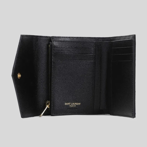 SAINT LAURENT YSL Cassandre Matelasse Compact Trifold Wallet In Grain De Poudre Embossed Leather Black RB-403943BOW01