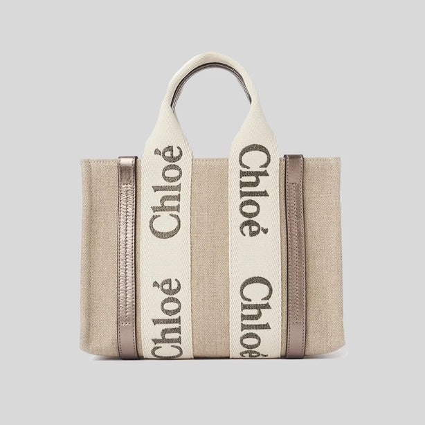 CHLOE Small Woody Tote Bag In Linen And Leather Shiny Gray RB-CHC25SS397O81074