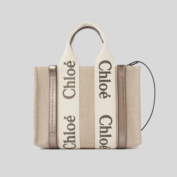 CHLOE Small Woody Tote Bag In Linen And Leather Shiny Gray RB-CHC25SS397O81074