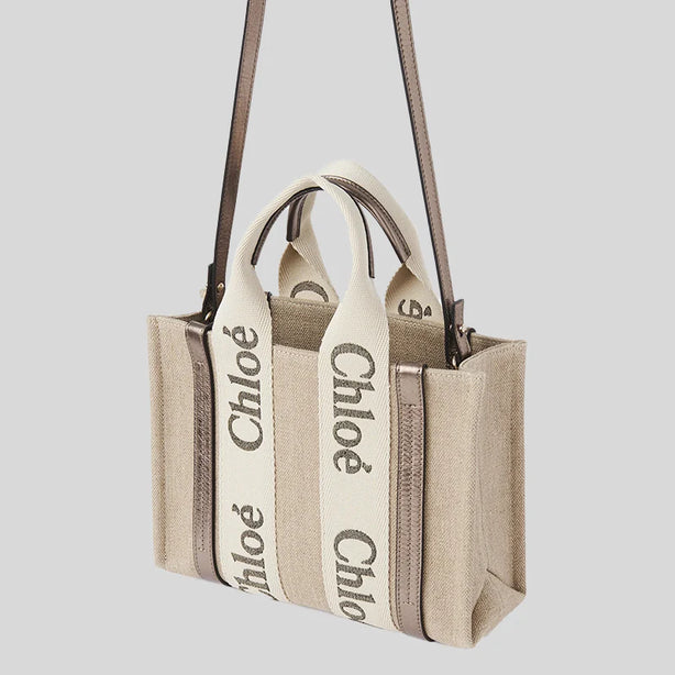 CHLOE Small Woody Tote Bag In Linen And Leather Shiny Gray RB-CHC25SS397O81074