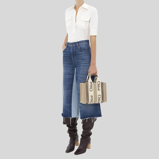 CHLOE Small Woody Tote Bag In Linen And Leather Shiny Gray RB-CHC25SS397O81074