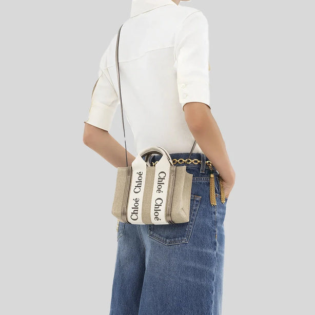 CHLOE Small Woody Tote Bag In Linen And Leather Shiny Gray RB-CHC25SS397O81074