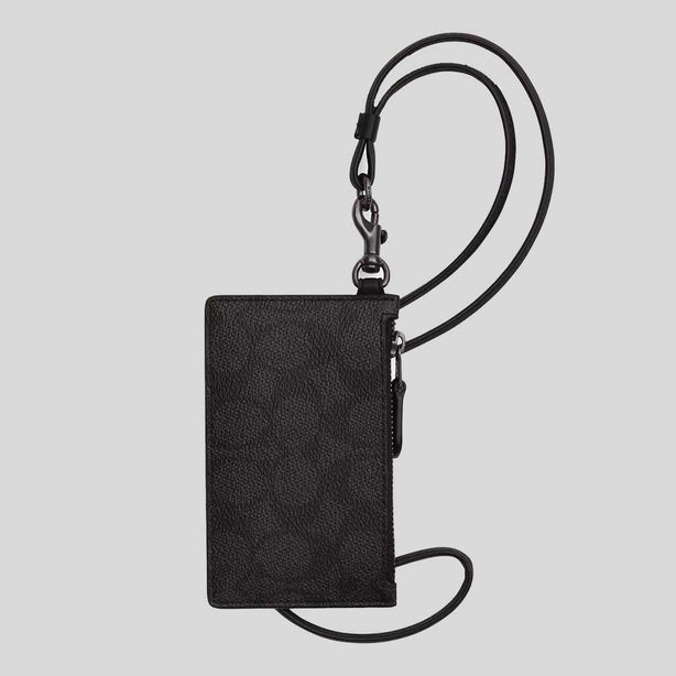 COACH Zip Lanyard Card Case In Signature Canvas Charcoal/Black RB-CAJ46