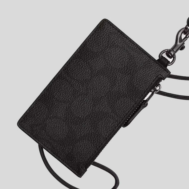 COACH Zip Lanyard Card Case In Signature Canvas Charcoal/Black RB-CAJ46