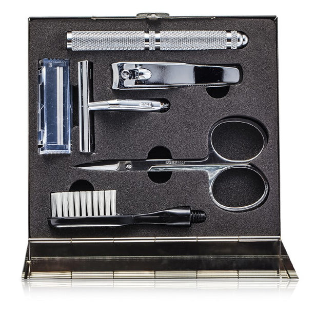 The Well Mannered Groom Kit: Razor + Grooming Scissors + Nail Clipper + Brush + Box - 4pcs+1box