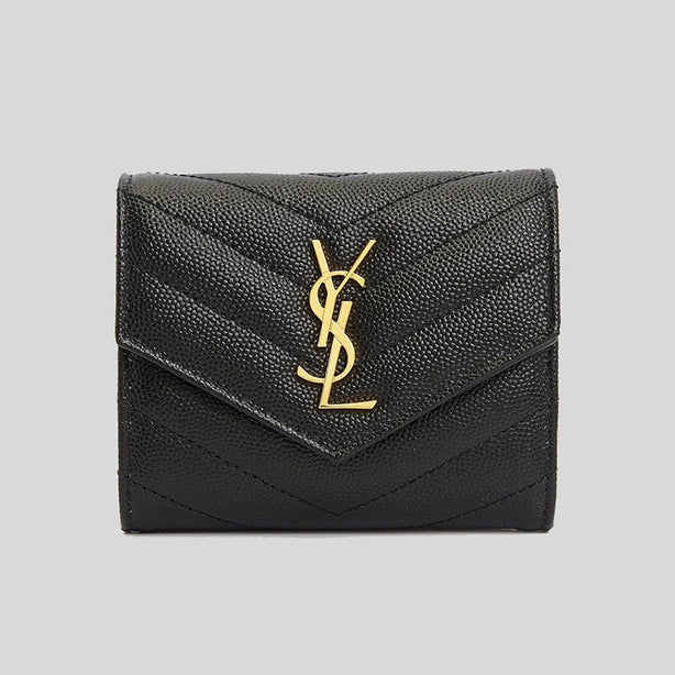 SAINT LAURENT YSL Cassandre Matelasse Multi-Folded Wallet In Grain De Poudre Leather Black RB-692061BOW01